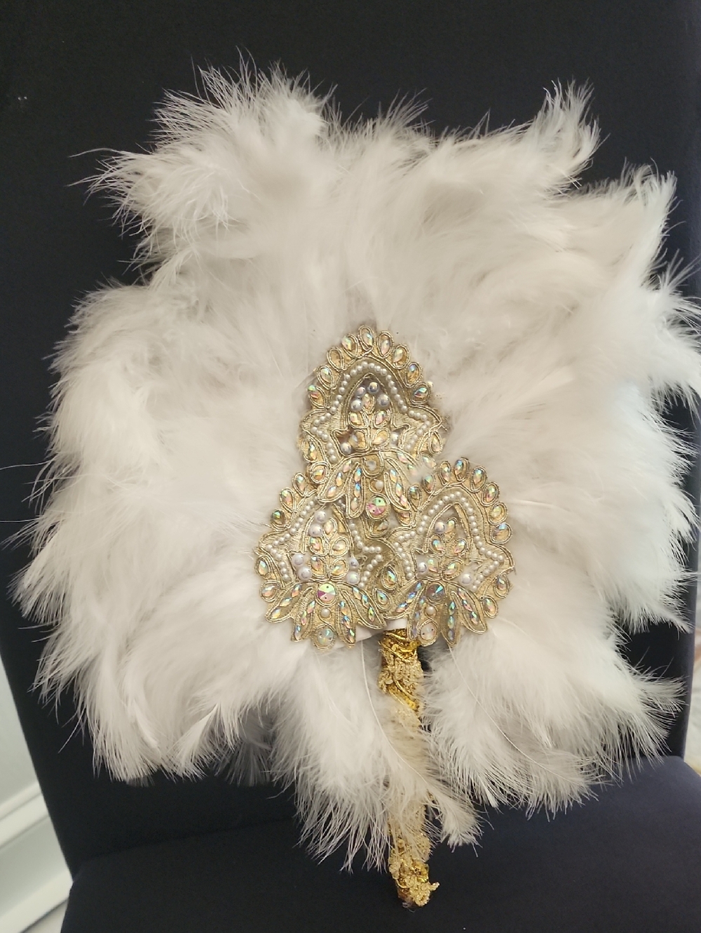 White Feather Hand Fan with Gold Crystal Embellishment